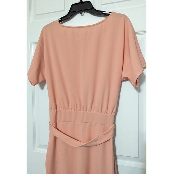 Womens Peach Belted Midi Dress Short Sleeve Office Cocktail Summer Party Dress S - Picture 11 of 14